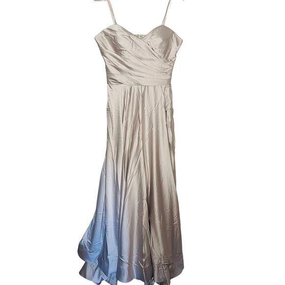 La Femme Pleated Bodice Strapless Silver Satin High Slit Gown Dress size 12 - Picture 4 of 16